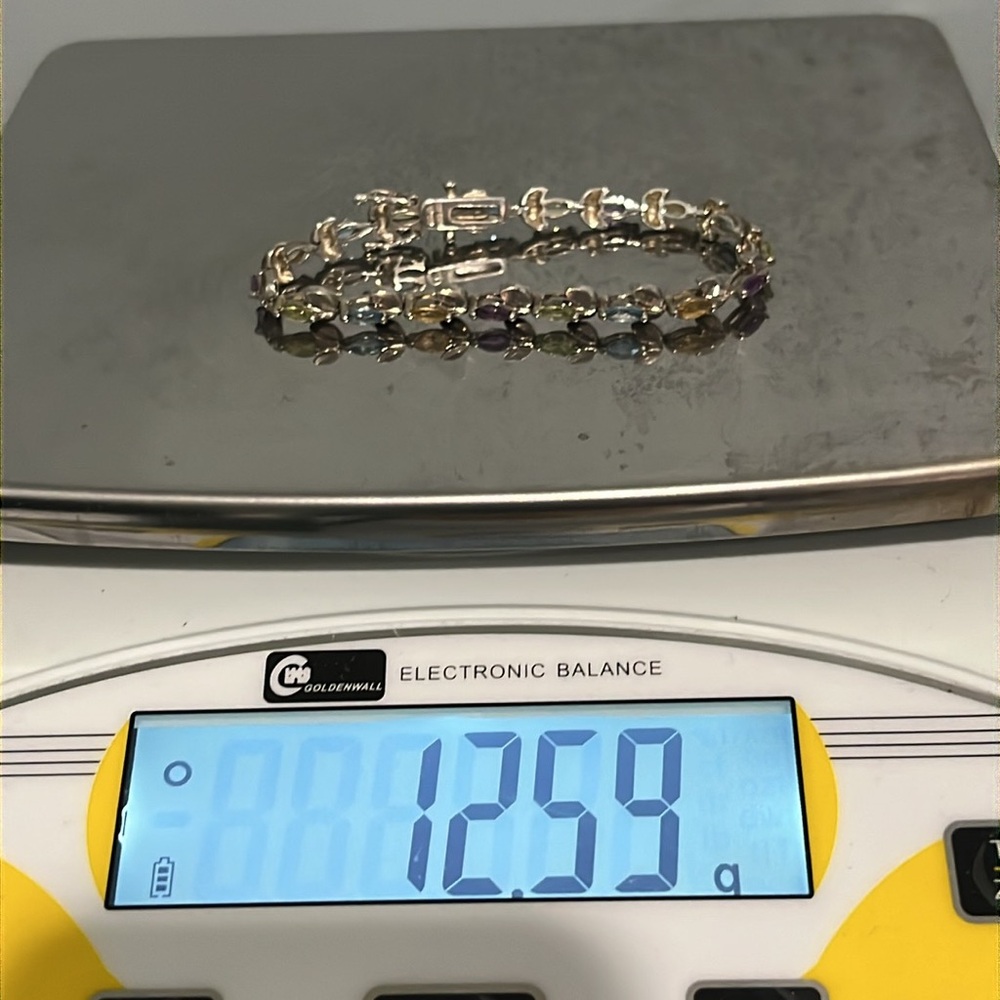 Sterling Silver flower motif tennis bracelet blue topaz, citrine and amethyst - Picture 12 of 12